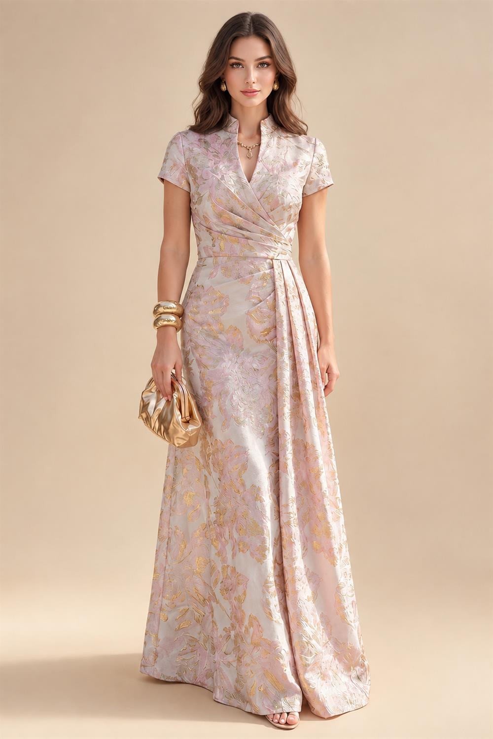Cape Sleeve Floral Jacquard Satin Tea-Length Ruched Mother of the Bride Dresses 2 Piece (SHIA22500528)