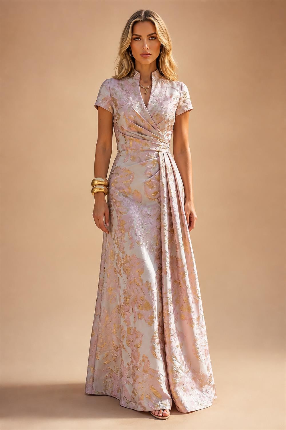 Floral Print A-Line/Princess V-Neck Tea-Length Mother of the Bride & Groom Dresses with Ruched Waist & Pockets (SHI22501150)