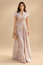 A-Line/Princess V-Neck Chiffon Maxi Mother of the Bride & Groom Dresses with Side Sash, Sweep Train & Ruched Bodice (SHI22501629)