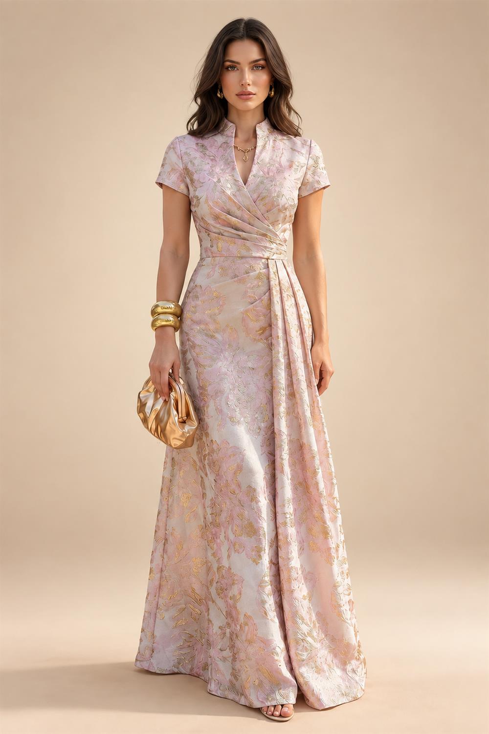 Jacquard A-Line/Princess V-Neck Floor-Length Mother of the Bride & Groom Dresses with Ruched Waist & Pockets (SHI22500984)