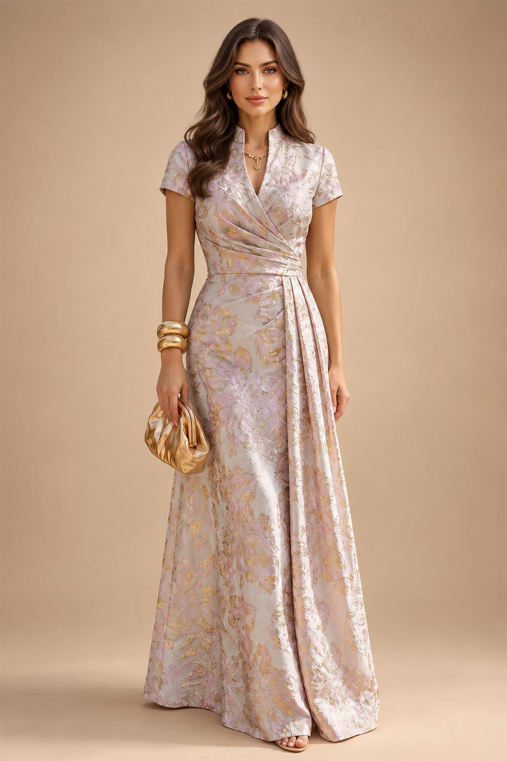 A-Line Chiffon Cape Sleeves Floor-Length Mother of the Bride & Groom Dresses with Ruched Waist (SHI22500705)