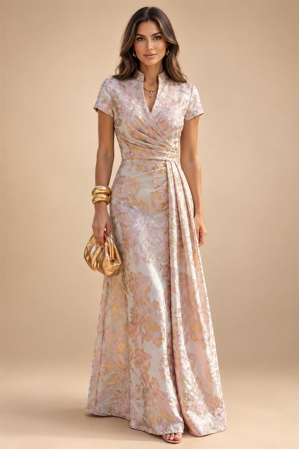 Floral Print A-Line/Princess Scoop Neck Tea-Length Mother of the Bride & Groom Dresses with Tiered Layers & Ruched Waist (SHI22501120)