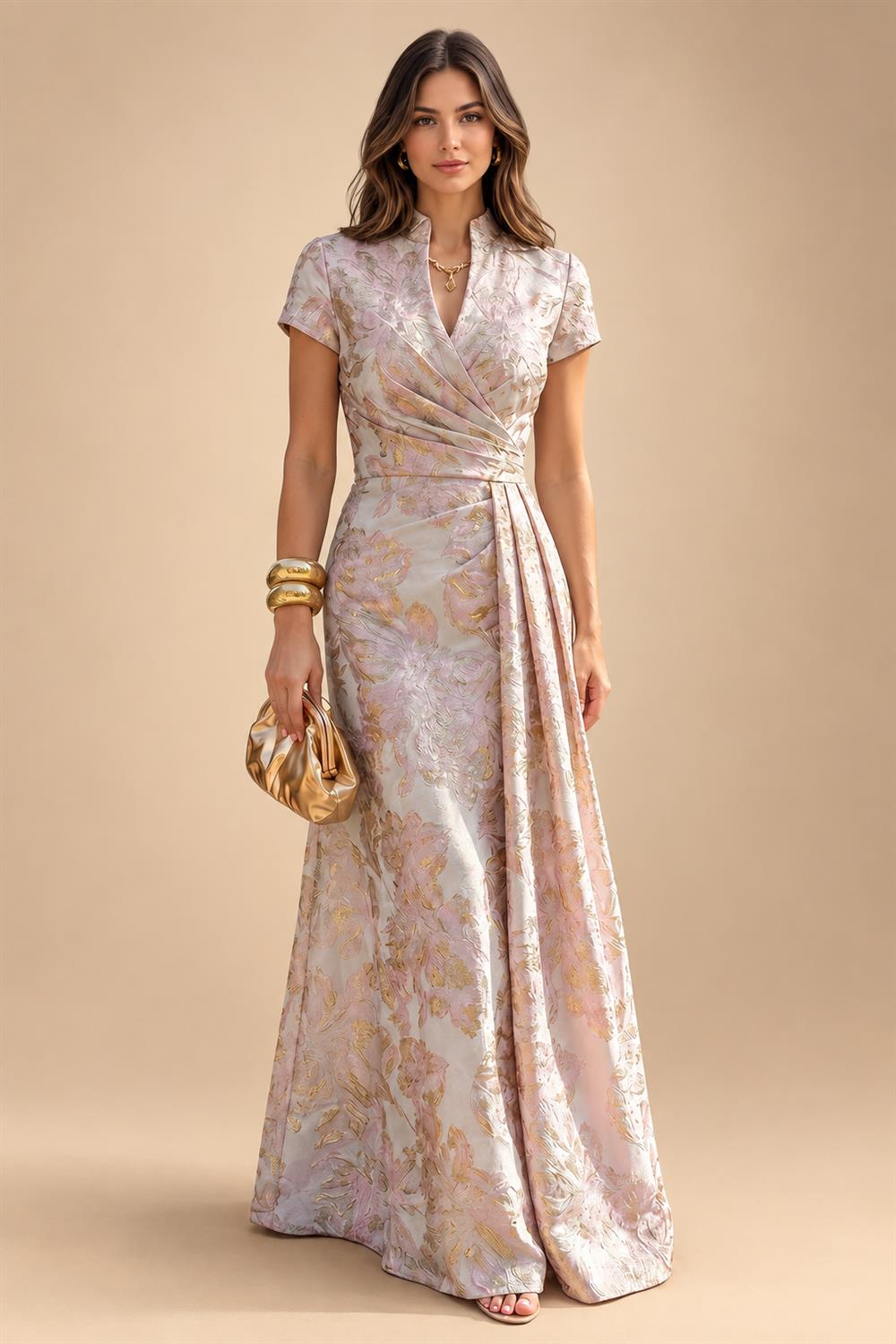 A-Line/Princess V-Neck Chiffon Floor-Length Mother of the Bride & Groom Dresses with Lace Appliques & Ruched Waist (SHI22501678)