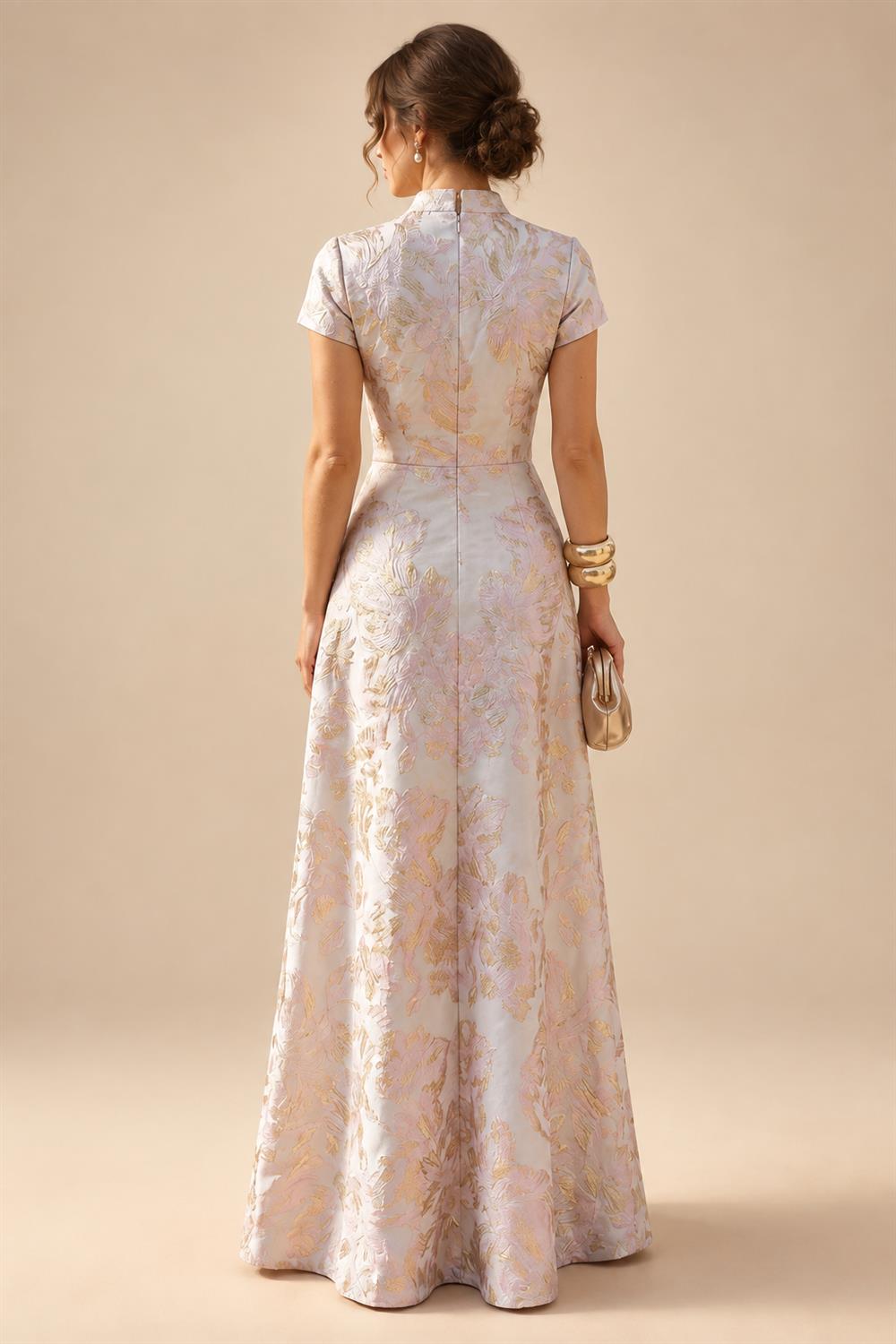 Cape Sleeve Jacquard Satin Ruched Mother of the Bride Dresses 2 Piece (SHI22500528)