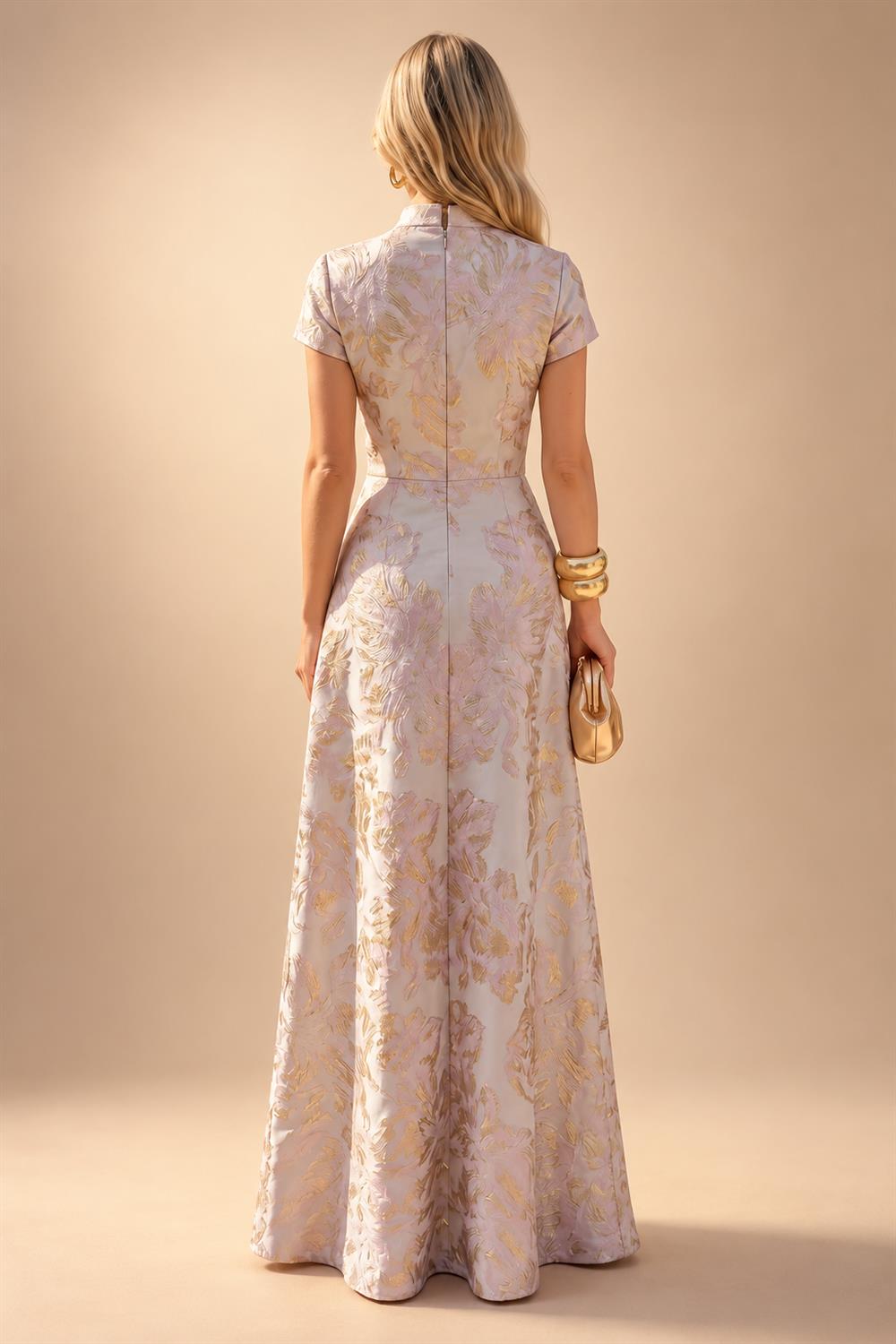 Cape Sleeve Floral Jacquard Satin Tea-Length Ruched Mother of the Bride Dresses 2 Piece (SHIA22500528)