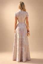 Cape Sleeve Floral Jacquard Satin Tea-Length Ruched Mother of the Bride Dresses 2 Piece (SHIA22500528)