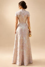 Cape Sleeve Floral Jacquard Satin Tea-Length Ruched Mother of the Bride Dresses 2 Piece (SHIA22500528)