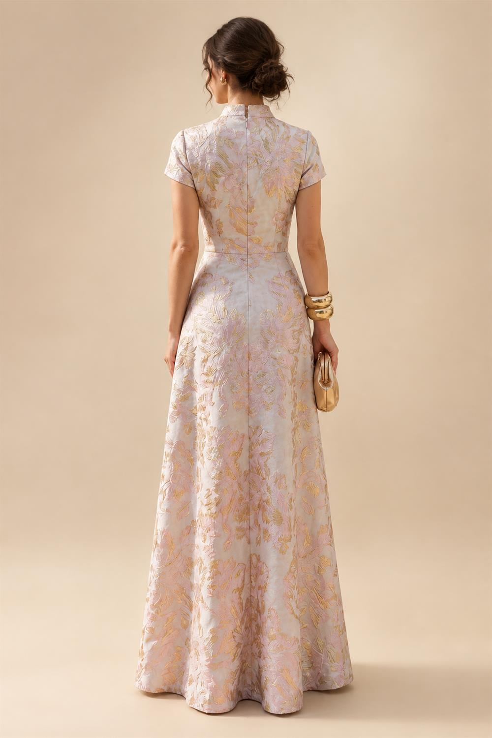 A-Line Floral Jacquard Floor-Length Mother of the Bride & Groom Dresses with V-Neck, Cap Sleeves (SHI22500480)