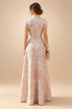 A-Line/Princess V-Neck Satin Floor-Length Mother of the Bride & Groom Dresses with?Jacquard Bolero?Jacket & Pleats (SHI22501695)