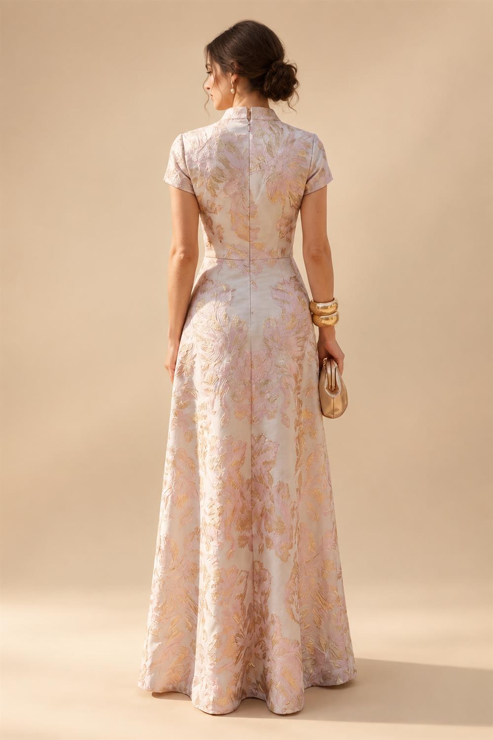 Cape Sleeve Jacquard Satin Ruched Mother of the Bride Dresses (SHI22500526)