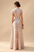 Cape Sleeve Jacquard Satin Ruched Mother of the Bride Dresses (SHI22500526)