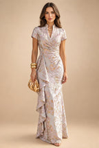 Jacquard Sheath/Column V-Neck Floor-Length Mother of the Bride & Groom Dresses with Ruffles & Ruched Waist (SHI22501060)