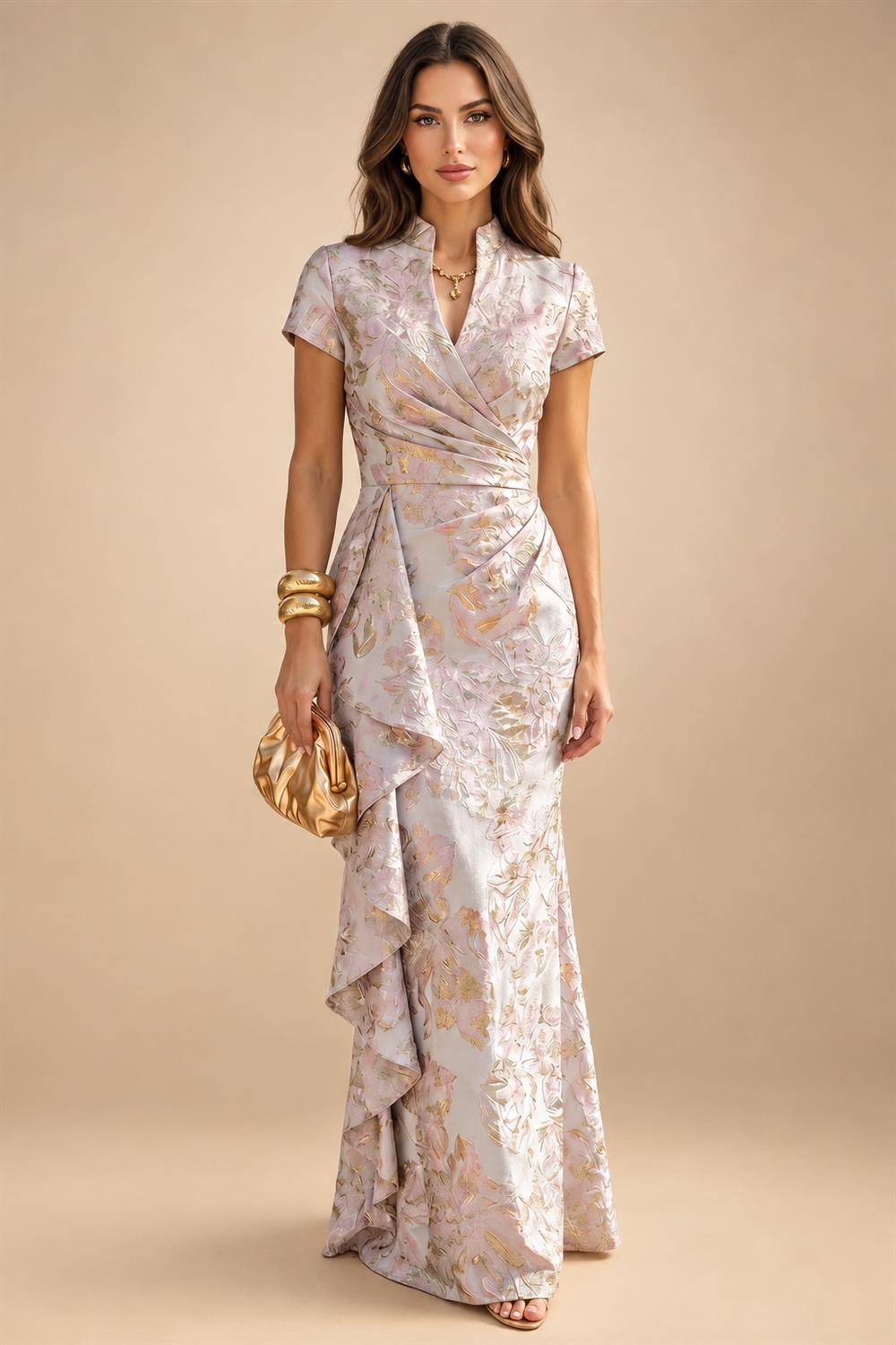 Jacquard Sheath/Column V-Neck Floor-Length Mother of the Bride & Groom Dresses with Ruffles & Ruched Waist (SHI22501060)