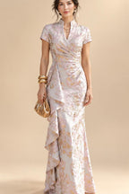 Jacquard Sheath/Column V-Neck Floor-Length Mother of the Bride & Groom Dresses with Ruffles & Ruched Waist (SHI22501060)