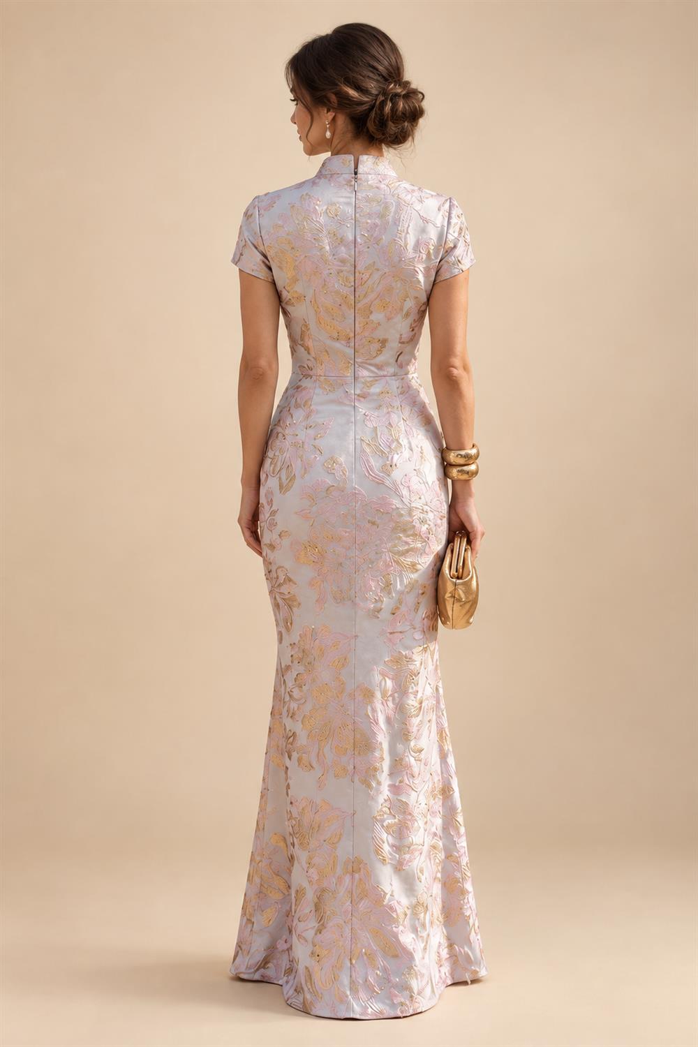 Jacquard Sheath/Column V-Neck Floor-Length Mother of the Bride & Groom Dresses with Ruffles & Ruched Waist (SHI22501060)