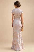 Jacquard Sheath/Column V-Neck Floor-Length Mother of the Bride & Groom Dresses with Ruffles & Ruched Waist (SHI22501060)