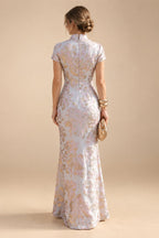 Jacquard Sheath/Column V-Neck Floor-Length Mother of the Bride & Groom Dresses with Ruffles & Ruched Waist (SHI22501060)