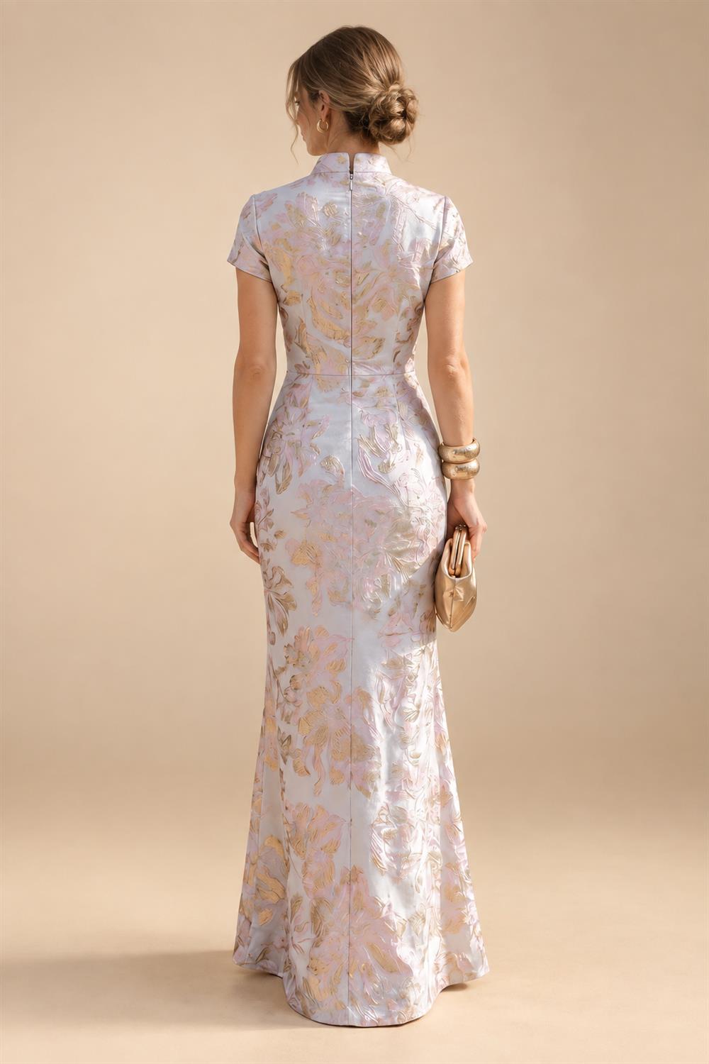 Jacquard Sheath/Column V-Neck Floor-Length Mother of the Bride & Groom Dresses with Ruffles & Ruched Waist (SHI22501060)
