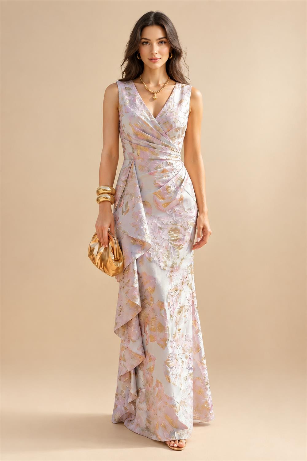 Jacquard Sheath/Column V-Neck Floor-Length Mother of the Bride & Groom Dresses with Ruffles & Ruched Waist (SHI22501060)