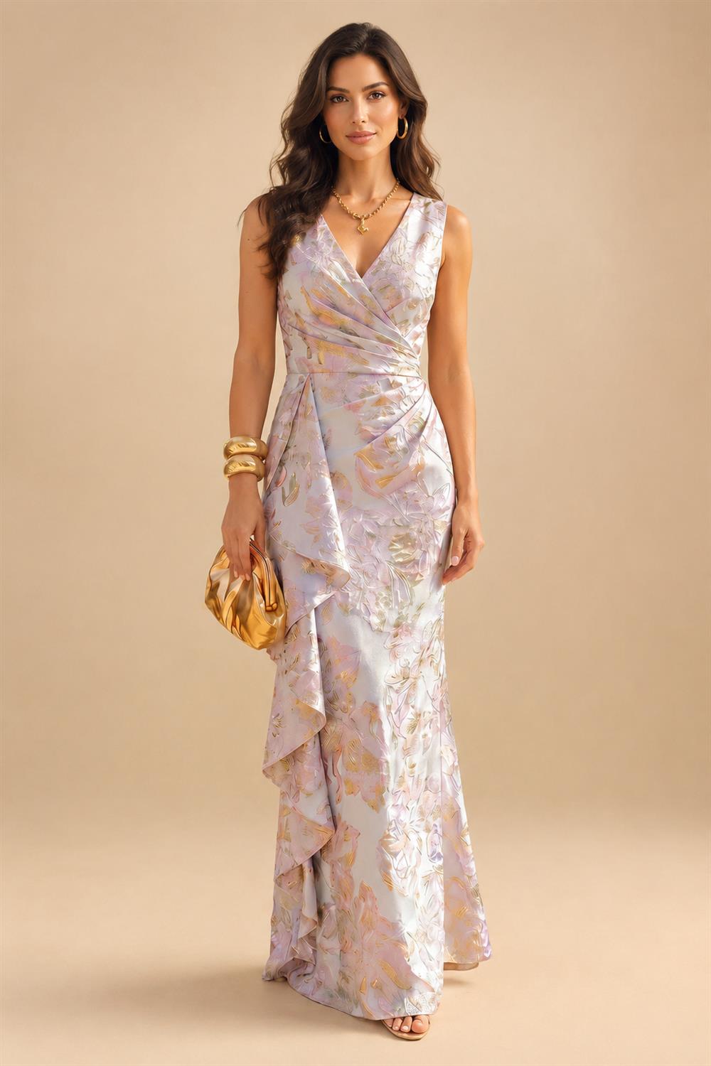 Jacquard Sheath/Column V-Neck Floor-Length Mother of the Bride & Groom Dresses with Ruffles & Ruched Waist (SHI22501058)