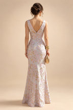 Jacquard Sheath/Column V-Neck Floor-Length Mother of the Bride & Groom Dresses with Ruffles & Ruched Waist (SHI22501060)