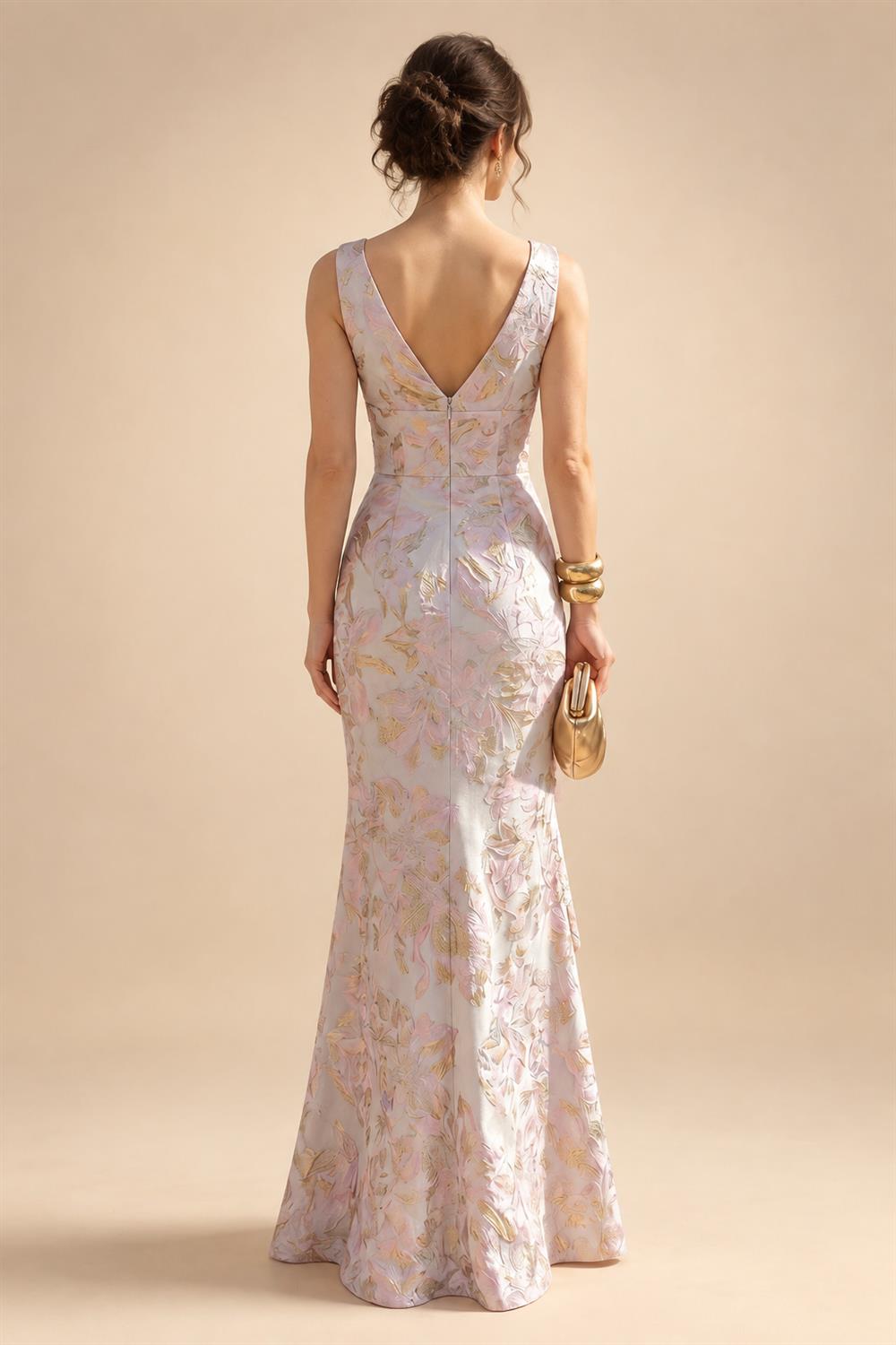 Jacquard Sheath/Column V-Neck Floor-Length Mother of the Bride & Groom Dresses with Ruffles & Ruched Waist (SHI22501060)