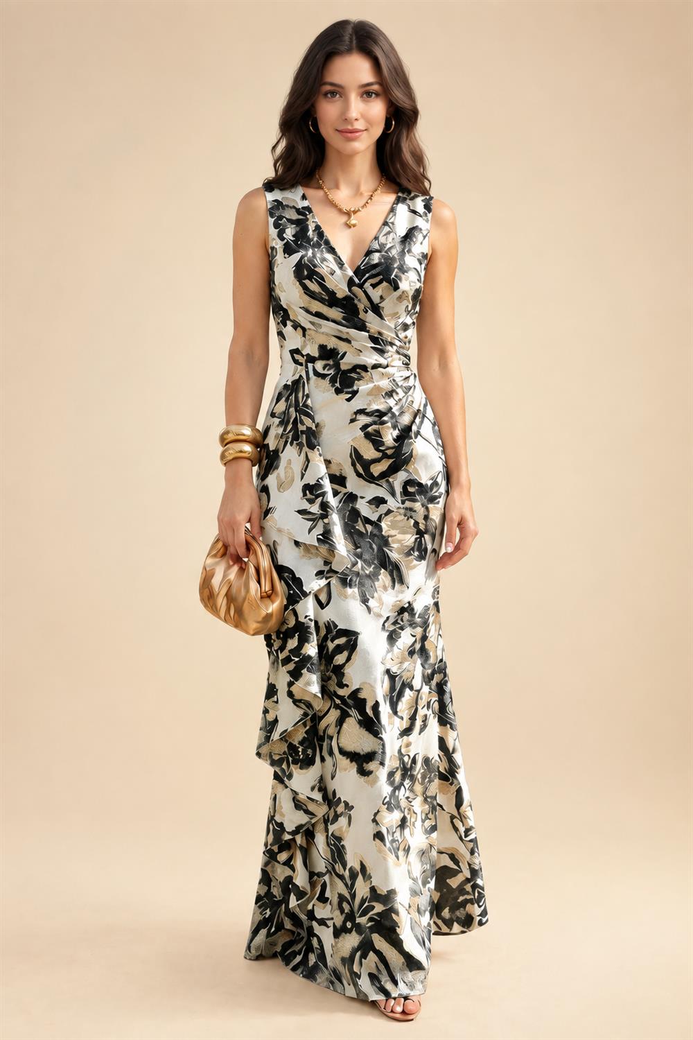 Jacquard Sheath/Column V-Neck Floor-Length Mother of the Bride & Groom Dresses with Ruffles & Ruched Waist (SHI22501060)