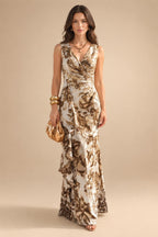 Jacquard Sheath/Column V-Neck Floor-Length Mother of the Bride & Groom Dresses with Ruffles & Ruched Waist (SHI22501060)