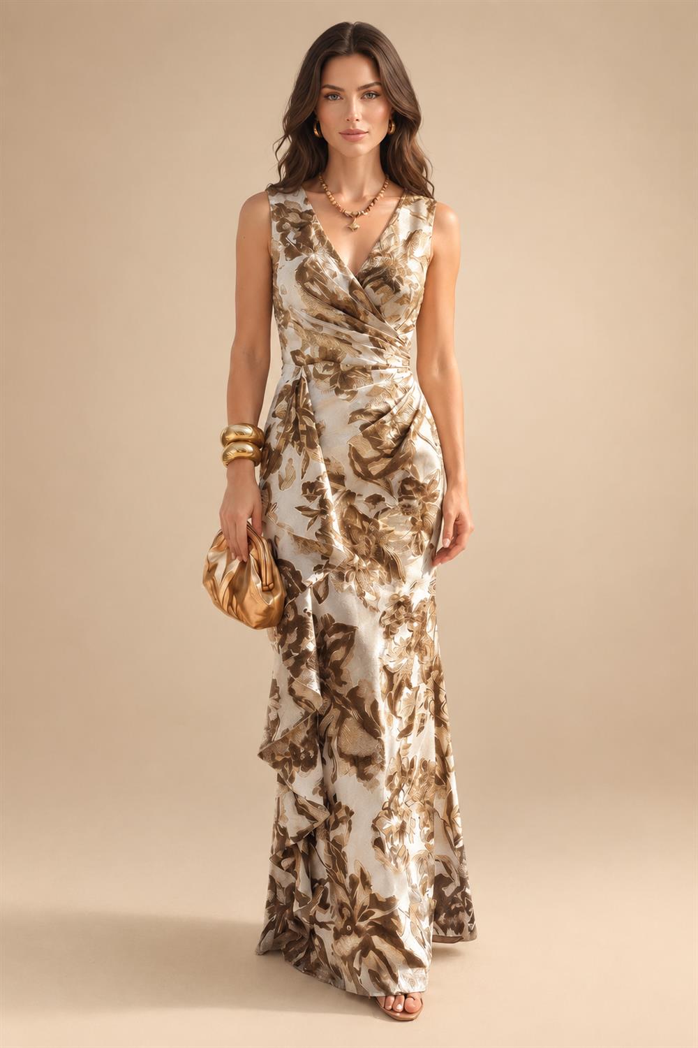 Jacquard Sheath/Column V-Neck Floor-Length Mother of the Bride & Groom Dresses with Ruffles & Ruched Waist (SHI22501060)