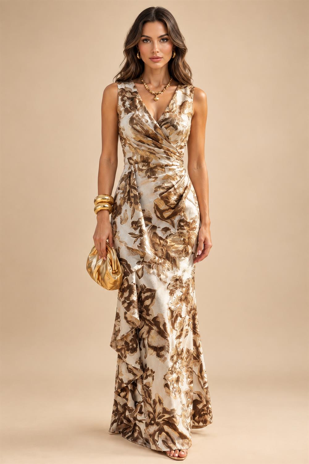 Jacquard Sheath/Column V-Neck Floor-Length Mother of the Bride & Groom Dresses with Ruffles & Ruched Waist (SHI22501060)