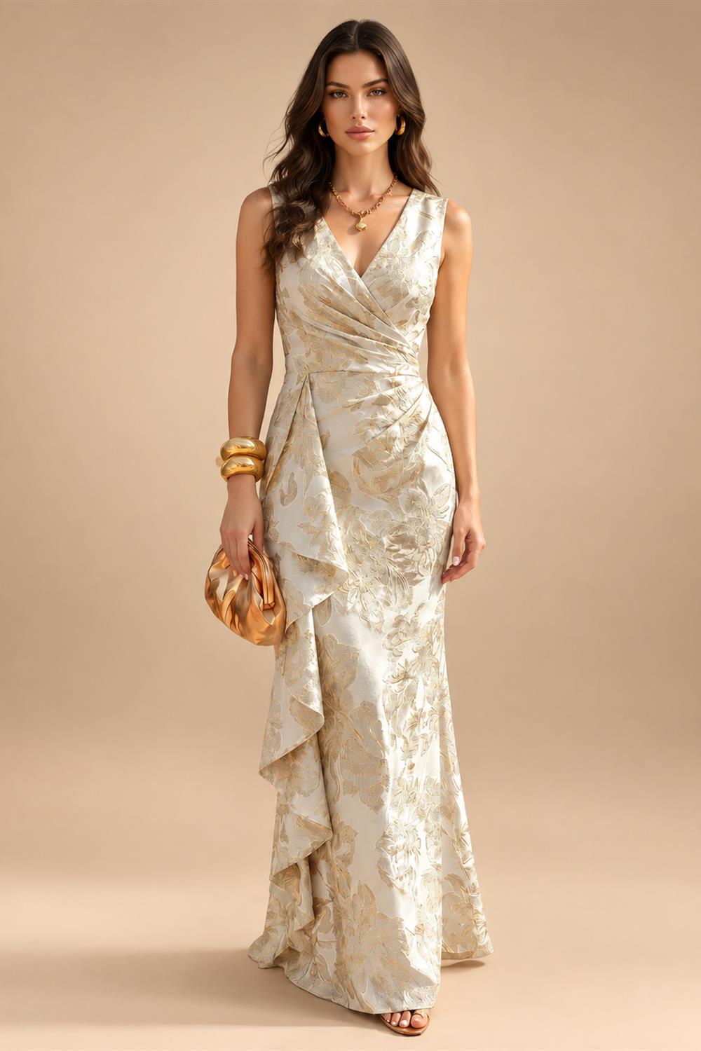 Jacquard Sheath/Column V-Neck Floor-Length Mother of the Bride & Groom Dresses with Ruffles & Ruched Waist (SHI22501060)