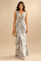 Jacquard Sheath/Column V-Neck Floor-Length Mother of the Bride & Groom Dresses with Ruffles & Ruched Waist (SHI22501060)