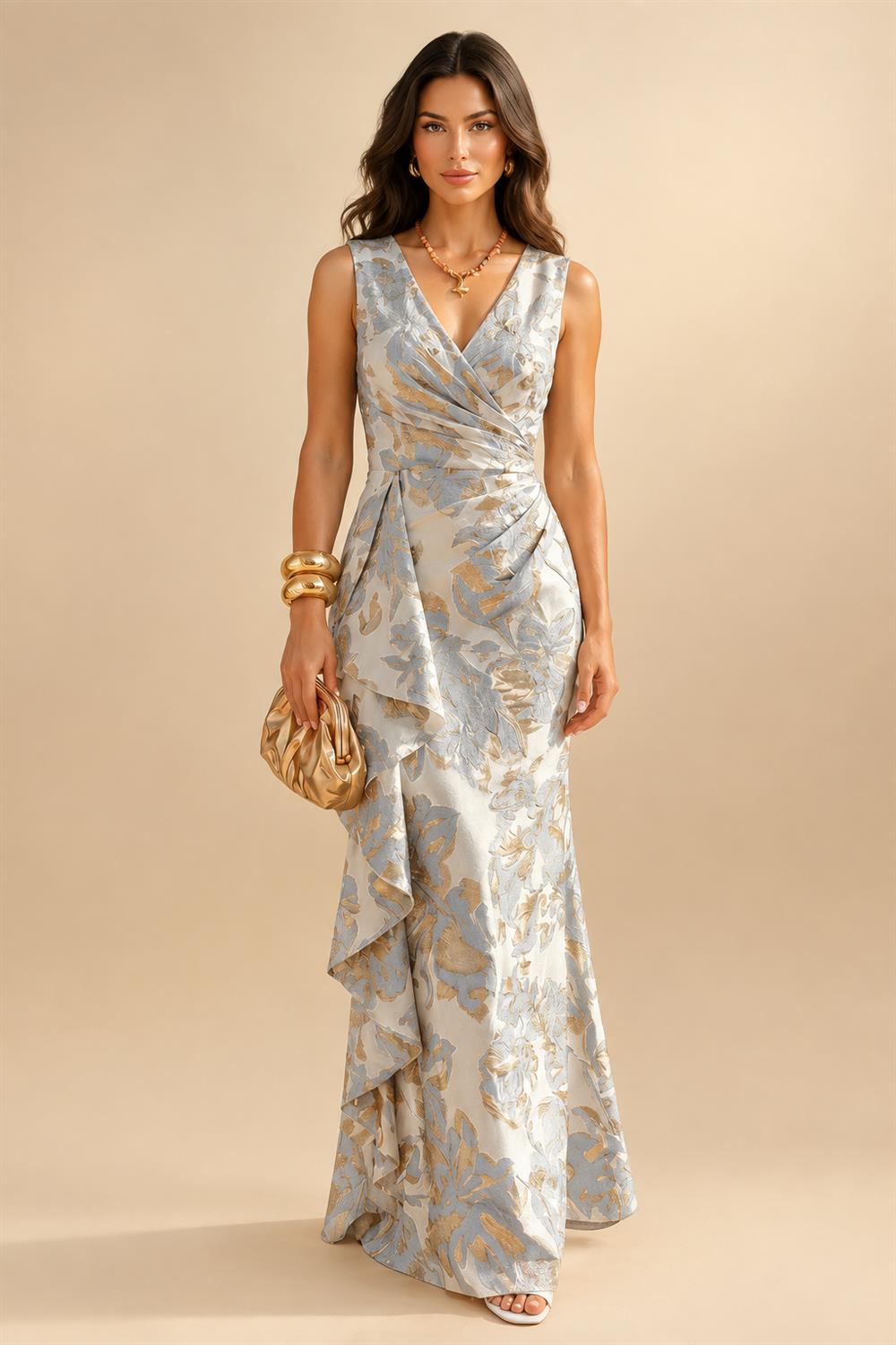 Jacquard Sheath/Column V-Neck Floor-Length Mother of the Bride & Groom Dresses with Ruffles & Ruched Waist (SHI22501060)