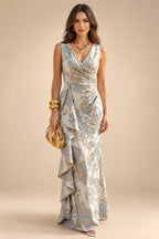 Jacquard Sheath/Column V-Neck Floor-Length Mother of the Bride & Groom Dresses with Ruffles & Ruched Waist (SHI22501060)
