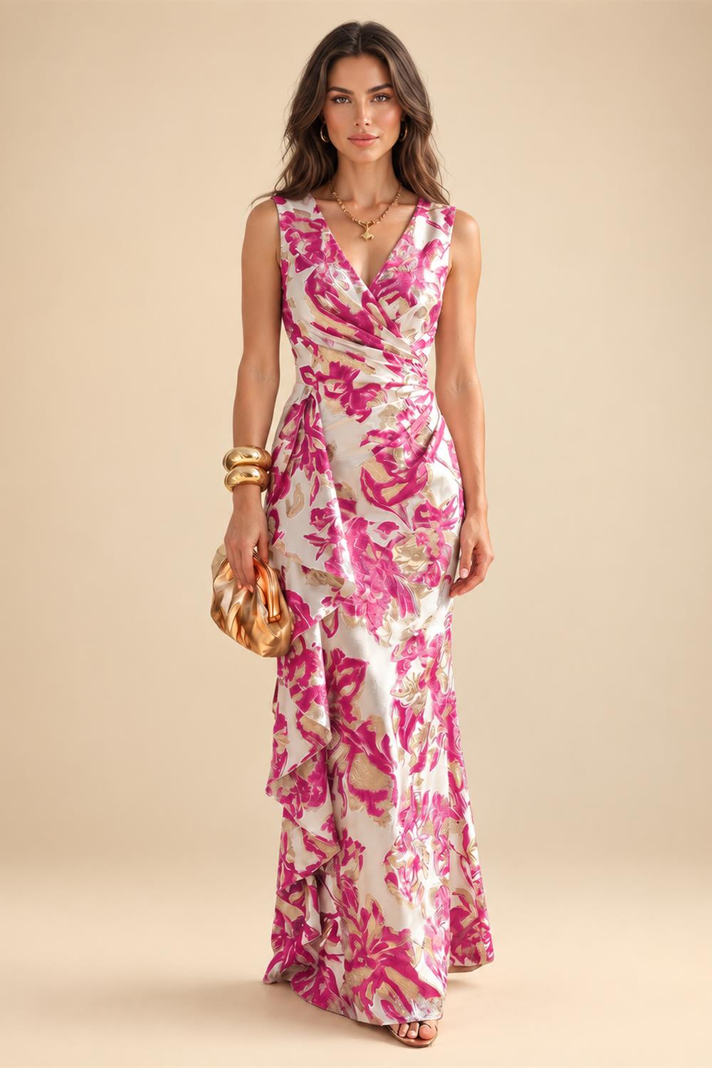 Jacquard Sheath/Column V-Neck Floor-Length Mother of the Bride & Groom Dresses with Ruffles & Ruched Waist (SHI22501060)