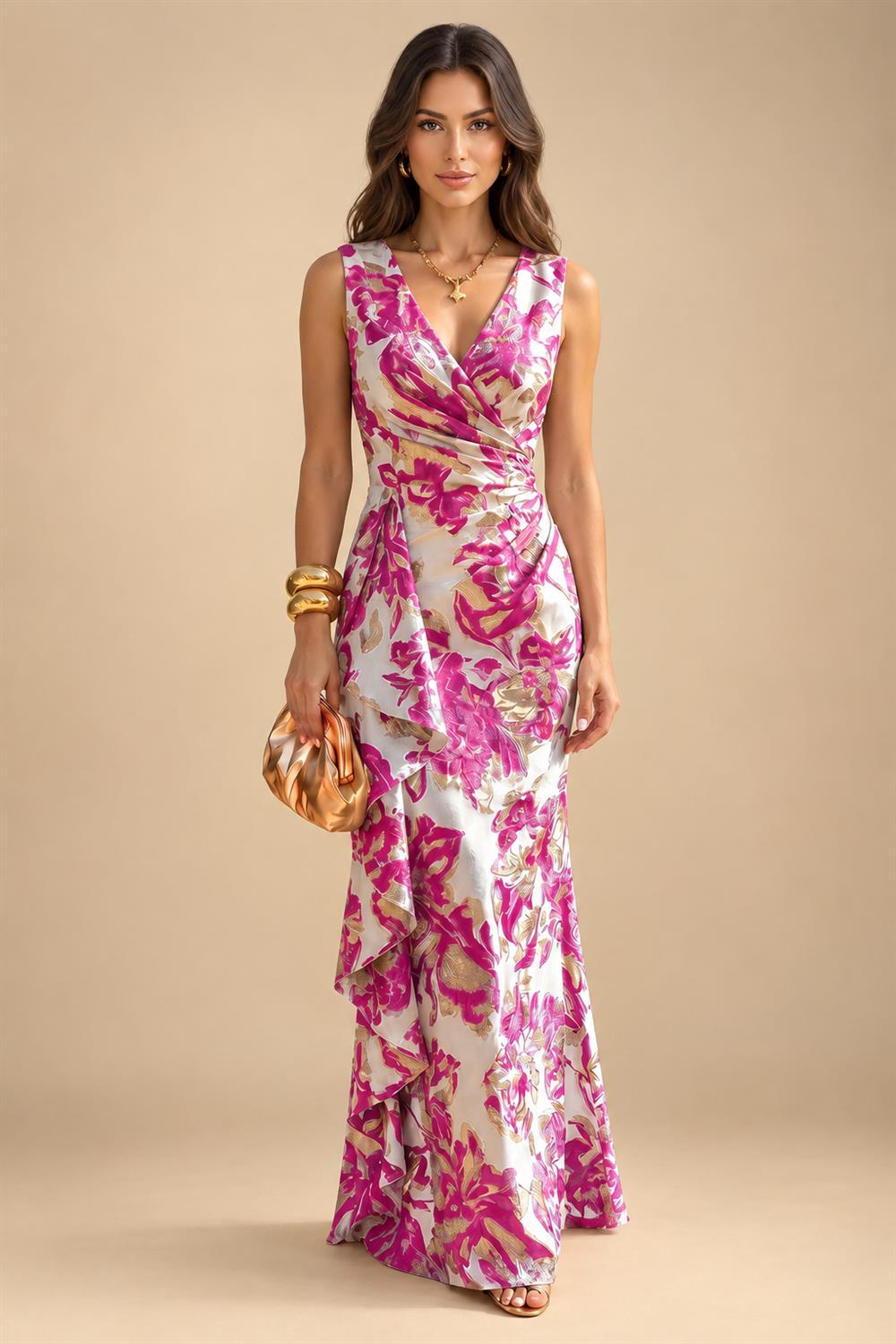 Jacquard Sheath/Column V-Neck Floor-Length Mother of the Bride & Groom Dresses with Ruffles & Ruched Waist (SHI22501060)