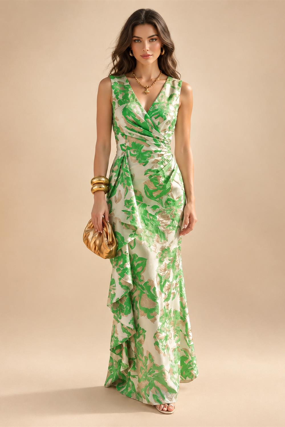 Jacquard Sheath/Column V-Neck Floor-Length Mother of the Bride & Groom Dresses with Ruffles & Ruched Waist (SHI22501060)