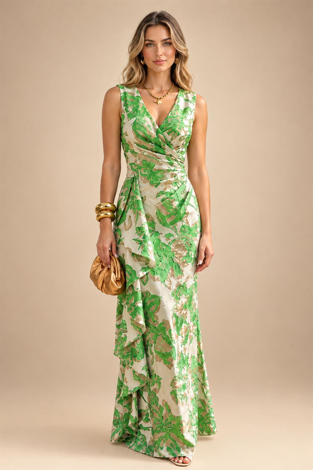 Jacquard Sheath/Column V-Neck Floor-Length Mother of the Bride & Groom Dresses with Ruffles & Ruched Waist (SHI22501060)
