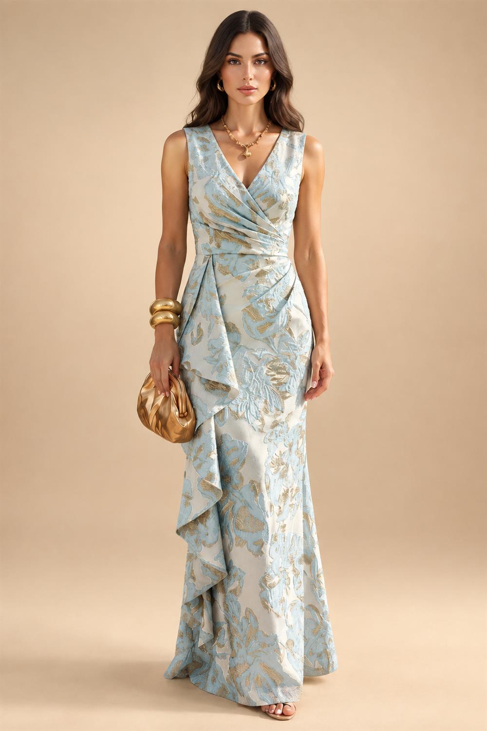 Jacquard Sheath/Column V-Neck Floor-Length Mother of the Bride & Groom Dresses with Ruffles & Ruched Waist (SHI22501060)