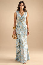 Jacquard Sheath/Column V-Neck Floor-Length Mother of the Bride & Groom Dresses with Ruffles & Ruched Waist (SHI22501060)