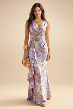 Jacquard Sheath/Column V-Neck Floor-Length Mother of the Bride & Groom Dresses with Ruffles & Ruched Waist (SHI22501060)