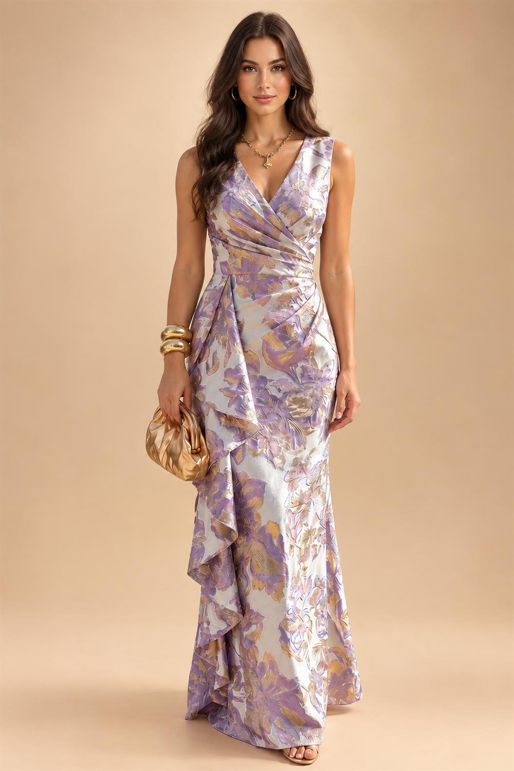 Jacquard Sheath/Column V-Neck Floor-Length Mother of the Bride & Groom Dresses with Ruffles & Ruched Waist (SHI22501060)