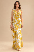 Jacquard Sheath/Column V-Neck Floor-Length Mother of the Bride & Groom Dresses with Ruffles & Ruched Waist (SHI22501060)