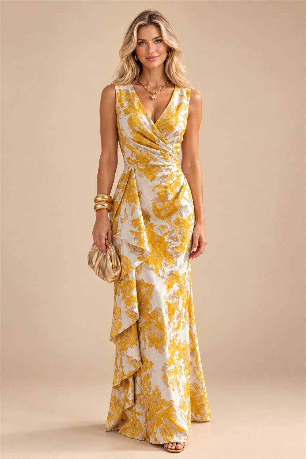 Jacquard Sheath/Column V-Neck Floor-Length Mother of the Bride & Groom Dresses with Ruffles & Ruched Waist (SHI22501060)