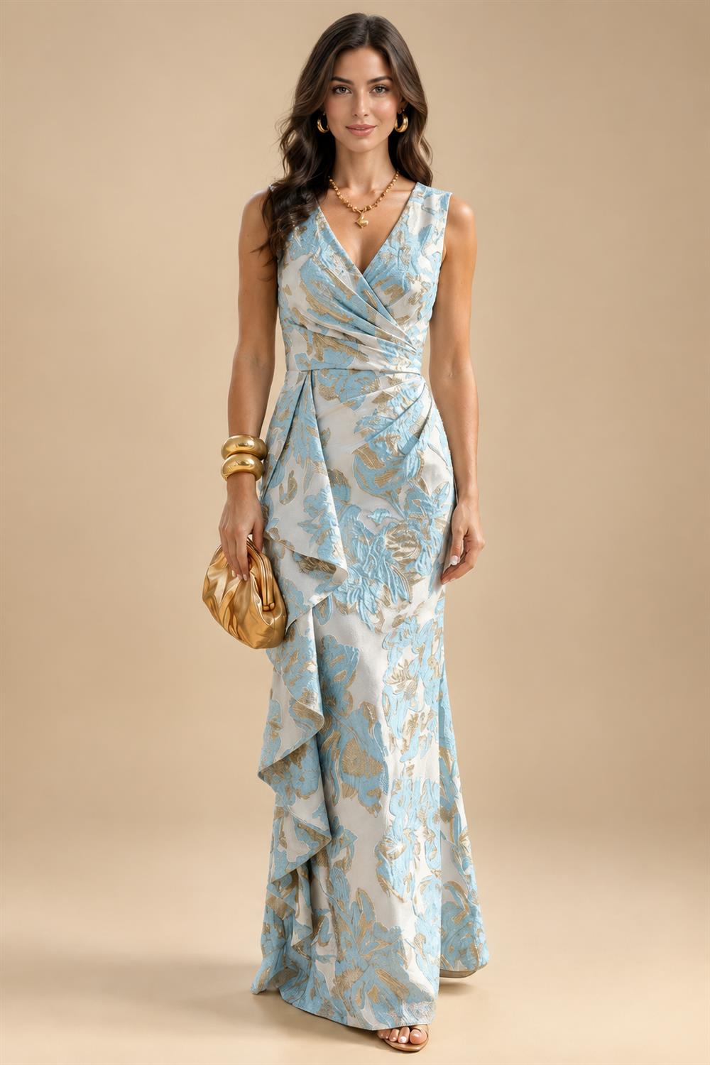 Jacquard Sheath/Column V-Neck Floor-Length Mother of the Bride & Groom Dresses with Ruffles & Ruched Waist (SHI22501060)