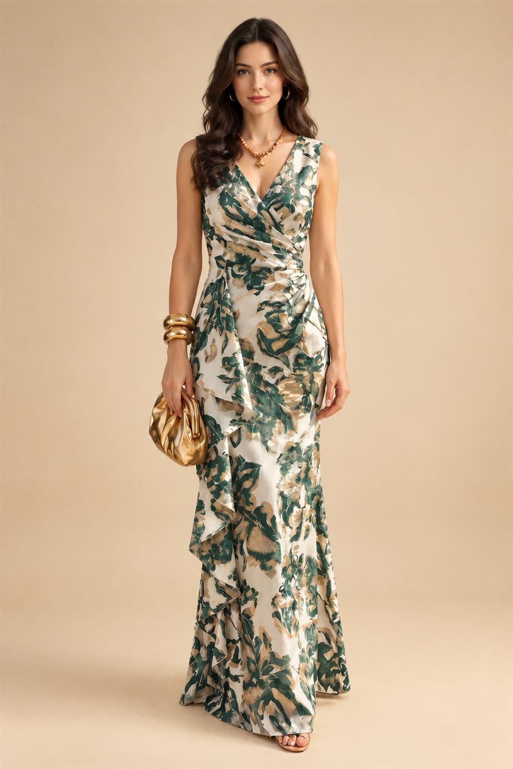 Jacquard Sheath/Column V-Neck Floor-Length Mother of the Bride & Groom Dresses with Ruffles & Ruched Waist (SHI22501060)
