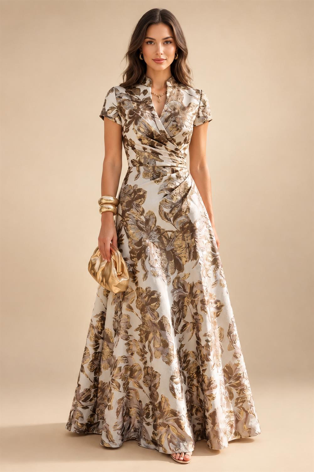 Jacquard A-Line/Princess V-Neck Floor-Length Mother of the Bride & Groom Dresses with Ruched Waist (SHI22501061)