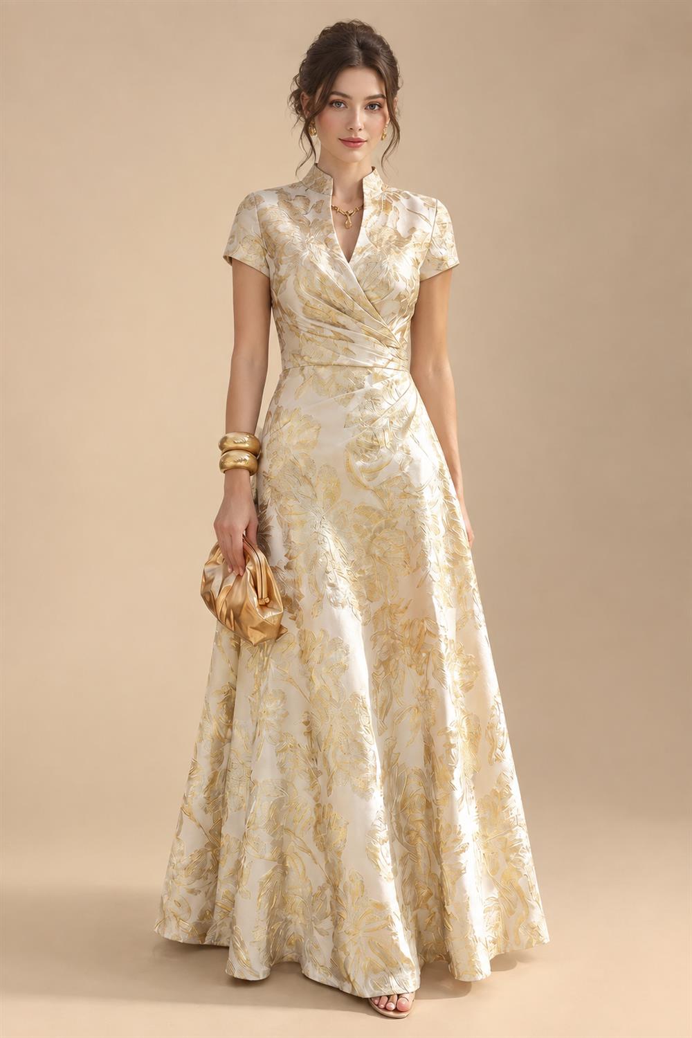 Jacquard A-Line/Princess V-Neck Floor-Length Mother of the Bride & Groom Dresses with Ruched Waist (SHI22501061)
