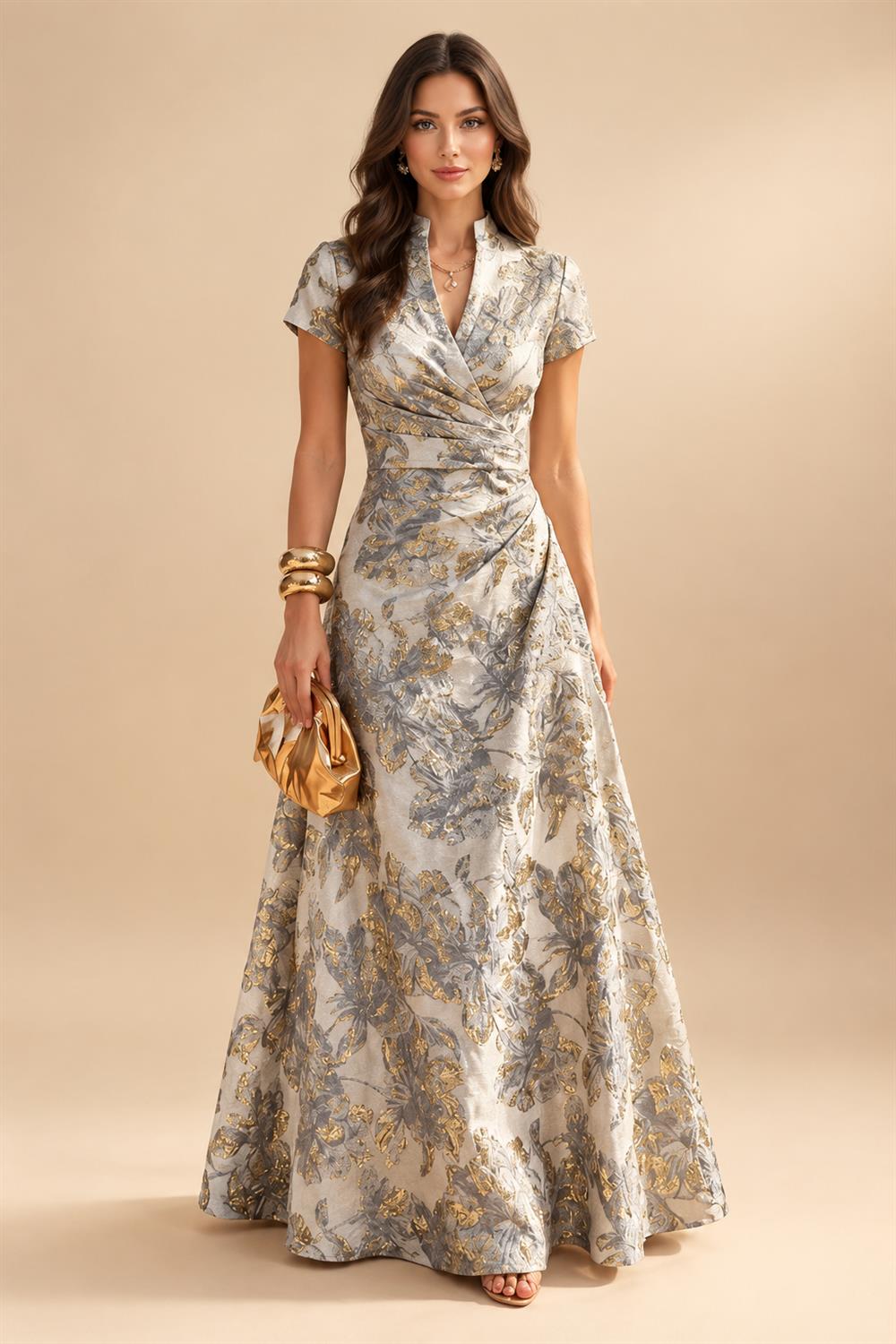 Jacquard A-Line/Princess V-Neck Floor-Length Mother of the Bride & Groom Dresses with Ruched Waist (SHI22501061)