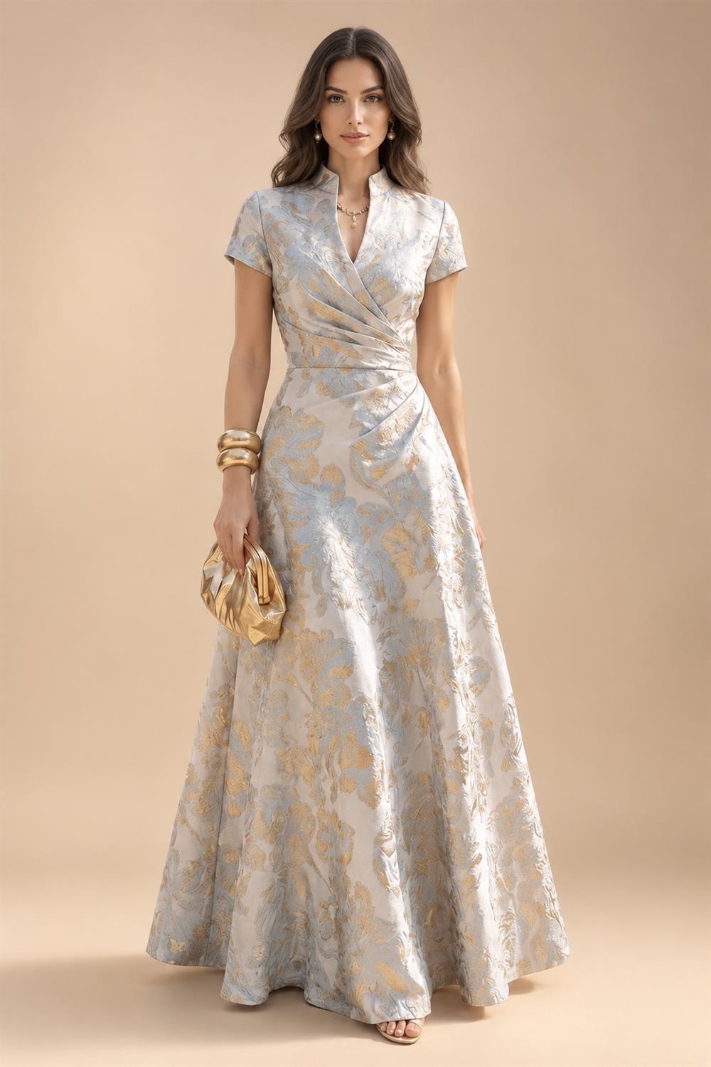 Jacquard A-Line/Princess V-Neck Floor-Length Mother of the Bride & Groom Dresses with Ruched Waist (SHI22501061)